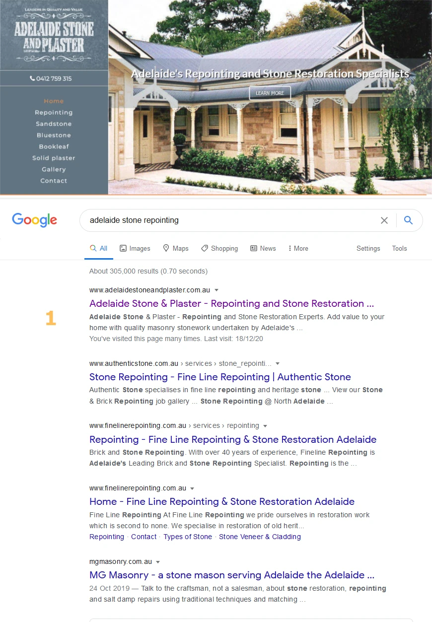 Demonstration of SERP results showing SEO success